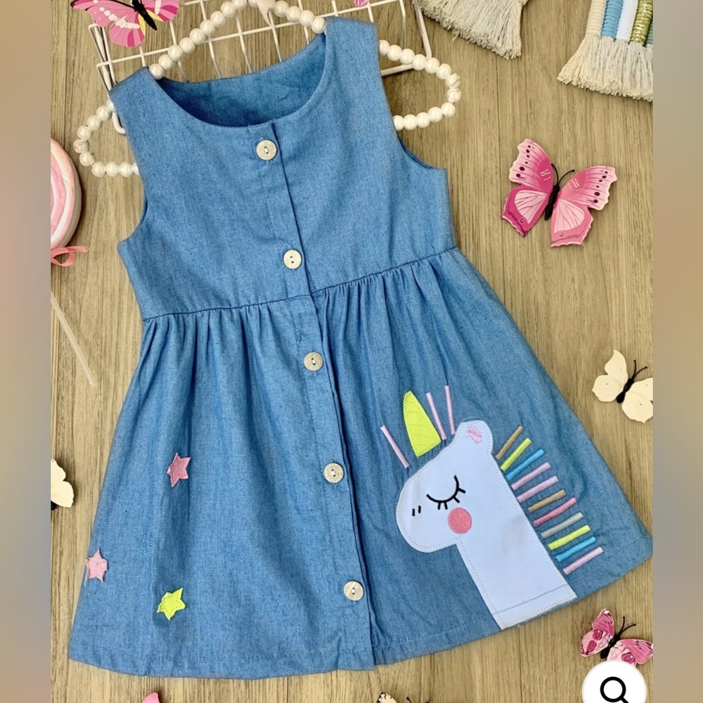 Girls’ - Blue Stars & Unicorn Chambray Dress - Size: 5